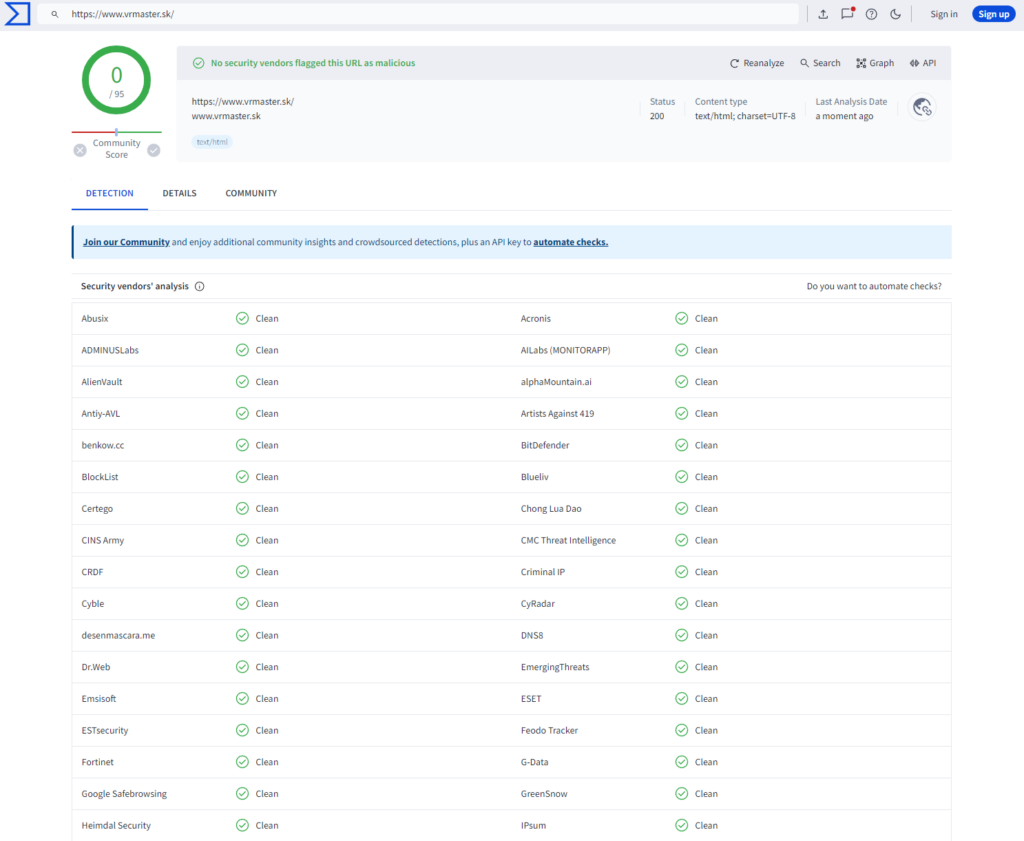 Detektor malwaru pro webové stránky WordPress - VirusTotal